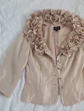 Adrianna Papell Champagne Floral-Trim Evening Blazer